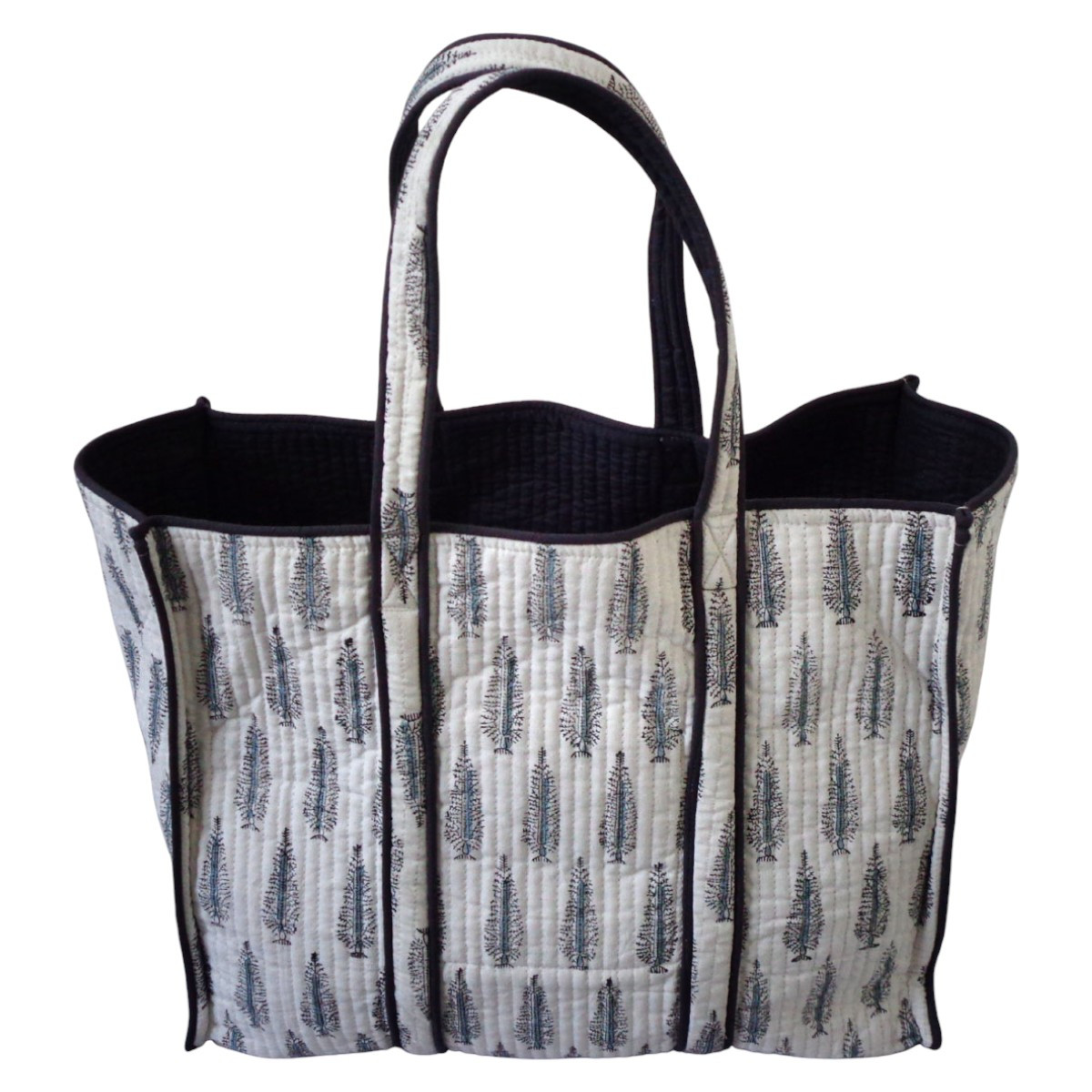 Hand Block Printed Cotton Quilted Tote Bag Winter Fall Tree Grey 107195