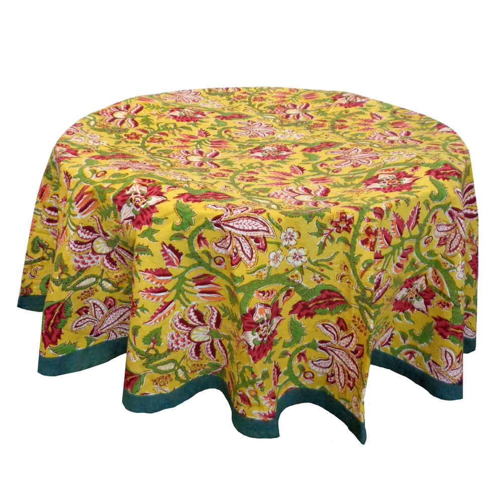 Hand Block Printed Cotton Round Tablecloth 220 cm  Anarkali Lime Gud 102405