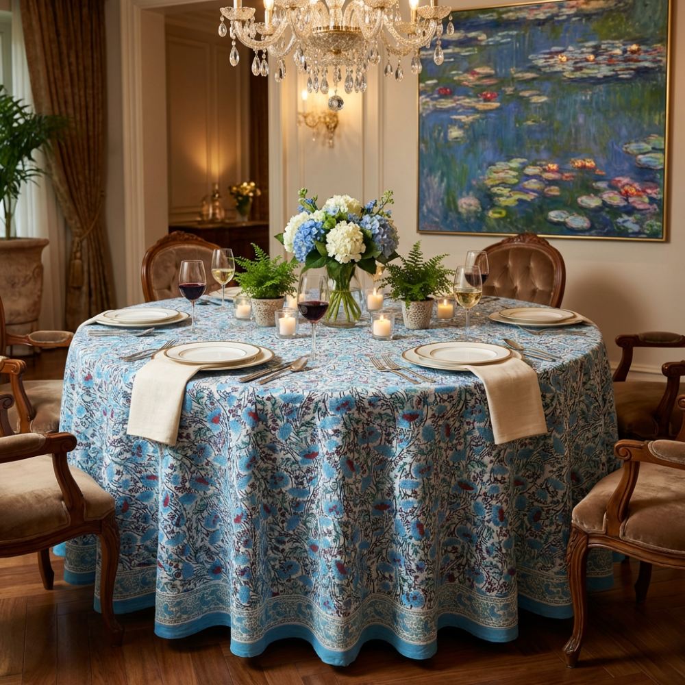 Image of Hand Block Printed Cotton Round Tablecloth 220 cm | Bush Flower Blue Open 102398
