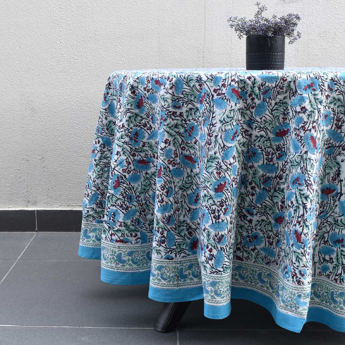 Hand Block Printed Cotton Round Tablecloth 220 cm Bush Flower Blue Open 102398