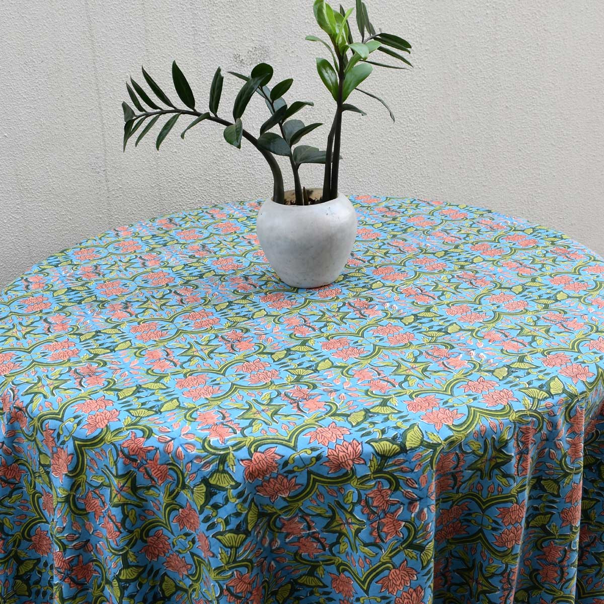 Hand Block Printed Cotton Round Tablecloth 220 cm  Lotus Green Gud 204827