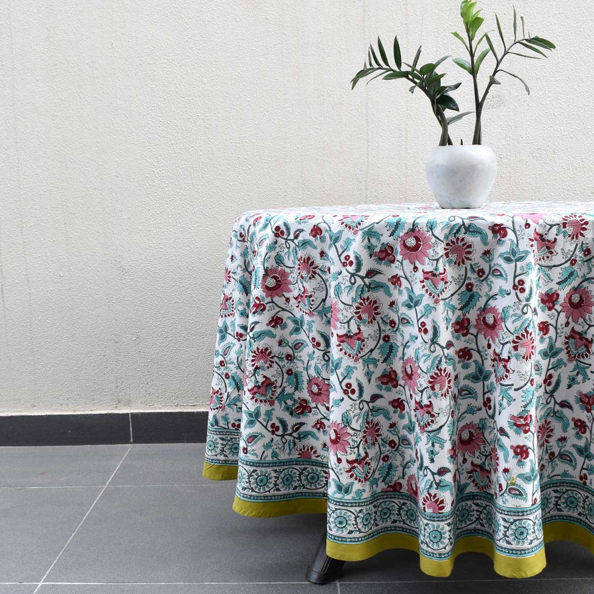 Hand Block Printed Cotton Round Tablecloth 220 cm Phuljhari Olive Open 208289