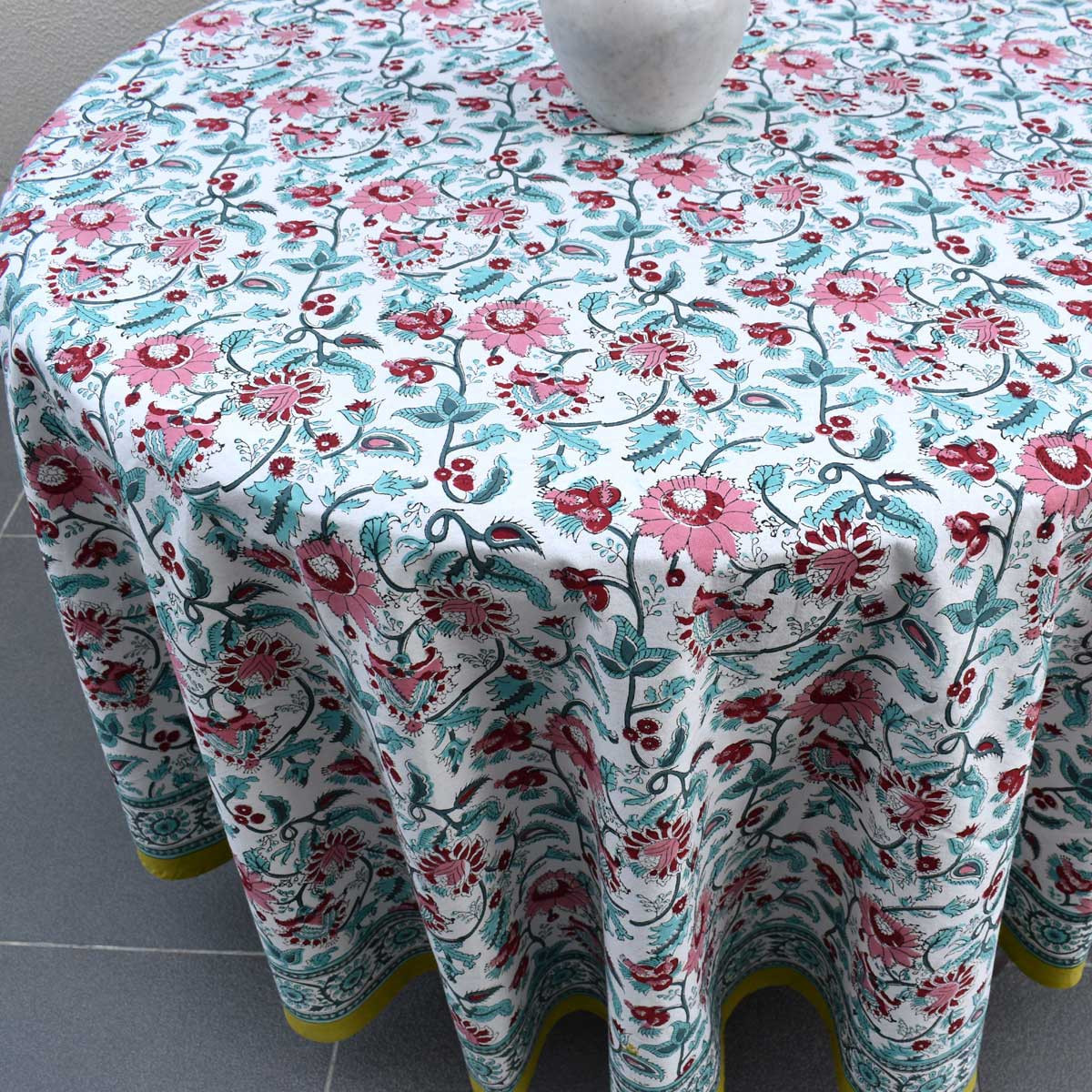 Hand Block Printed Cotton Round Tablecloth 220 cm Phuljhari Olive Open 208289