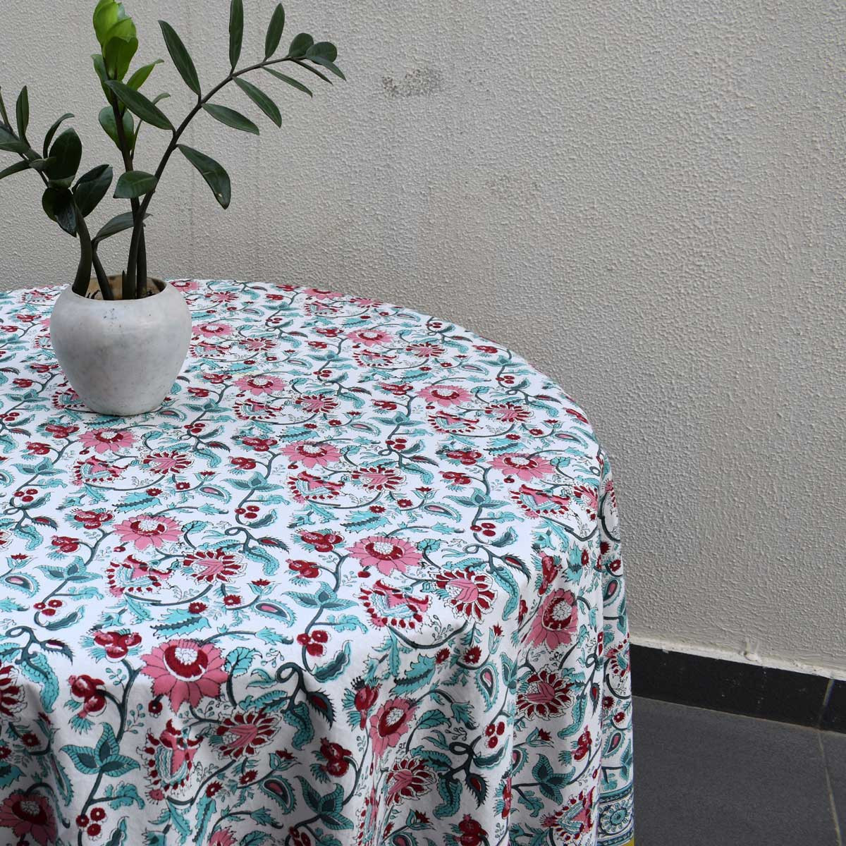 Hand Block Printed Cotton Round Tablecloth 220 cm Phuljhari Olive Open 208289