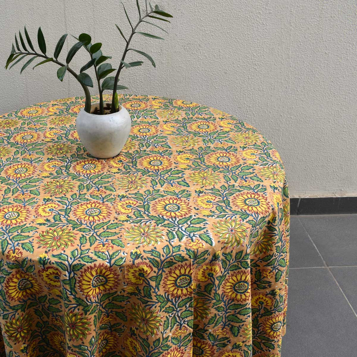Hand Block Printed Cotton Round Tablecloth 220 cm  Surajmukhi Canary Gud 102383