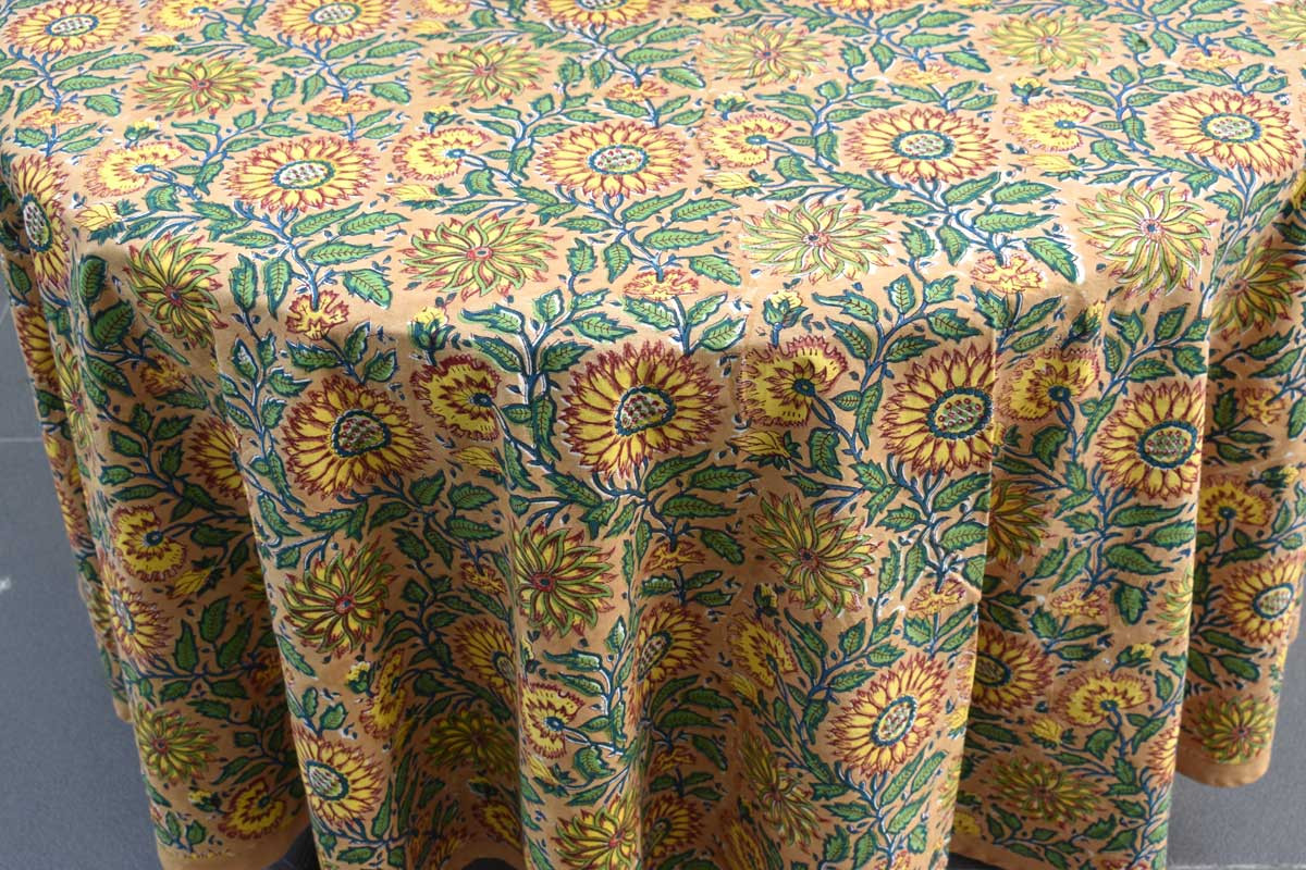 Hand Block Printed Cotton Round Tablecloth 220 cm Surajmukhi Canary Gud 102383