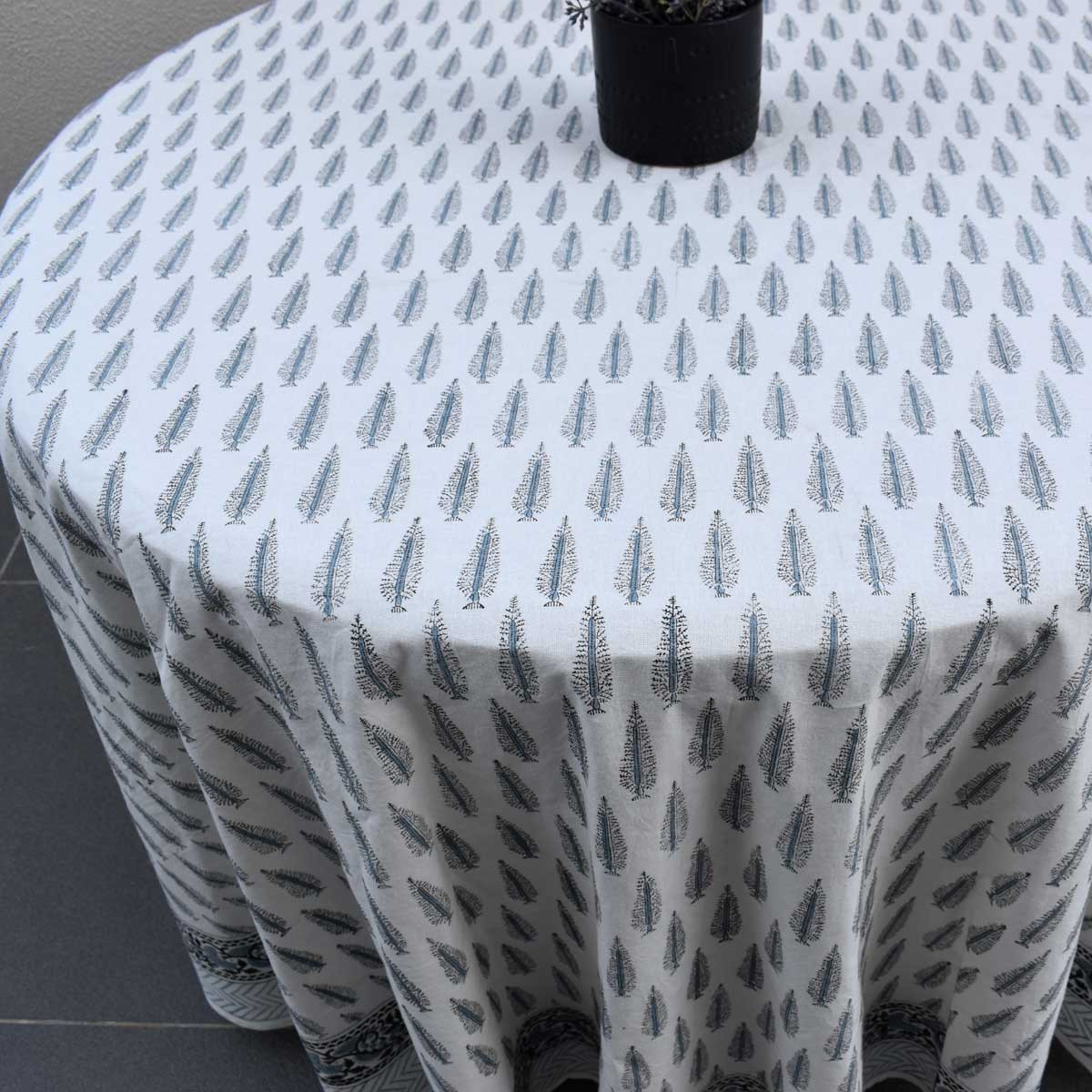 Hand Block Printed Cotton Round Tablecloth 220 cm Winter Fall Tree Grey 107195