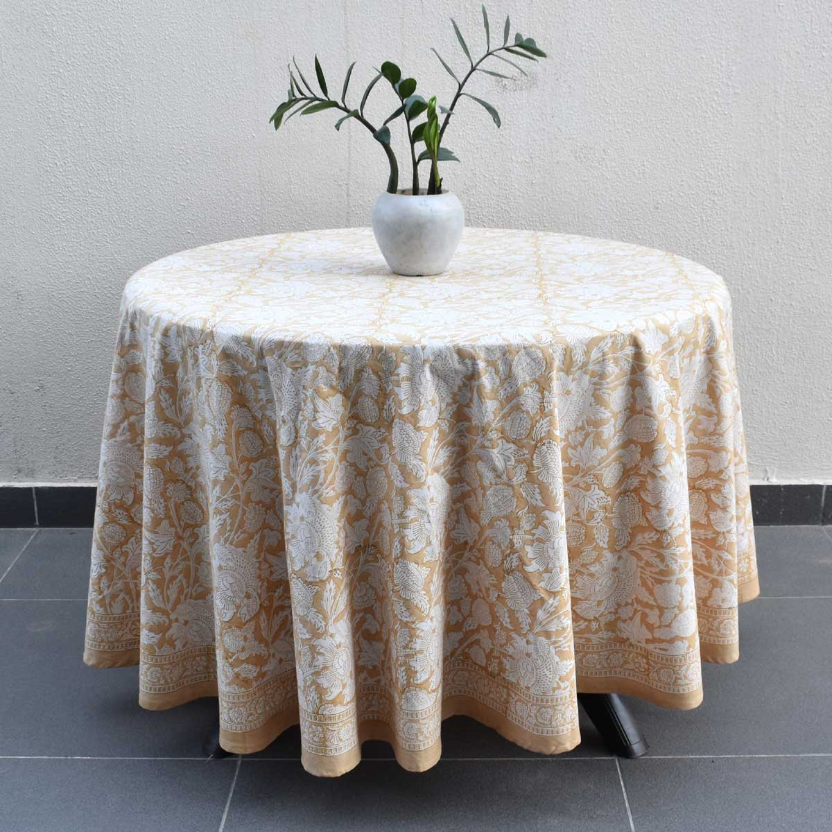 Hand Block Printed Cotton Round Tablecloth 220 cms Amarnath Beige Gud 207851