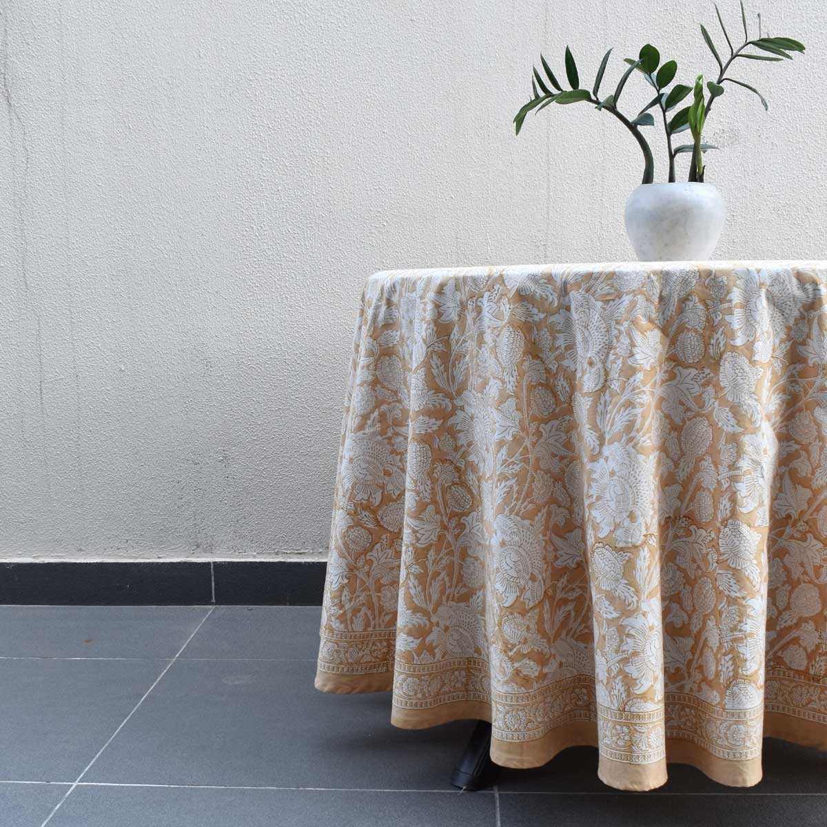 Hand Block Printed Cotton Round Tablecloth 220 cms  Amarnath Beige Gud 207851