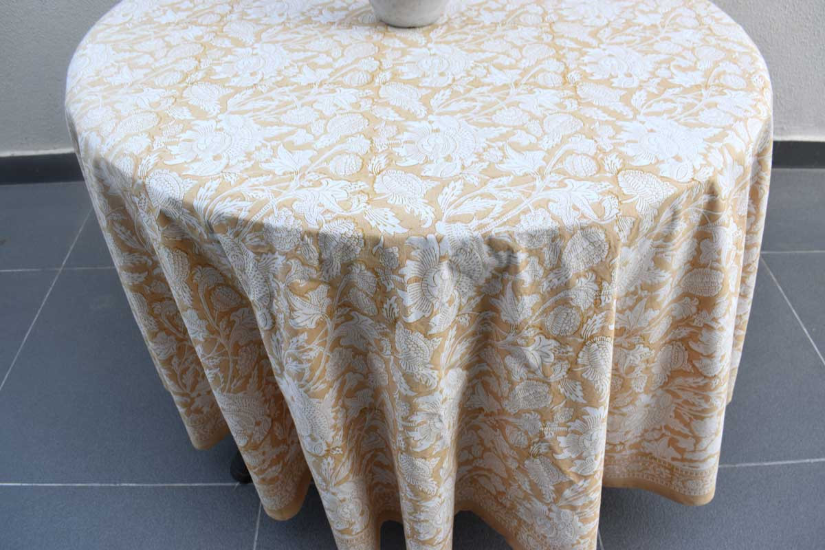 Hand Block Printed Cotton Round Tablecloth 220 cms  Amarnath Beige Gud 207851