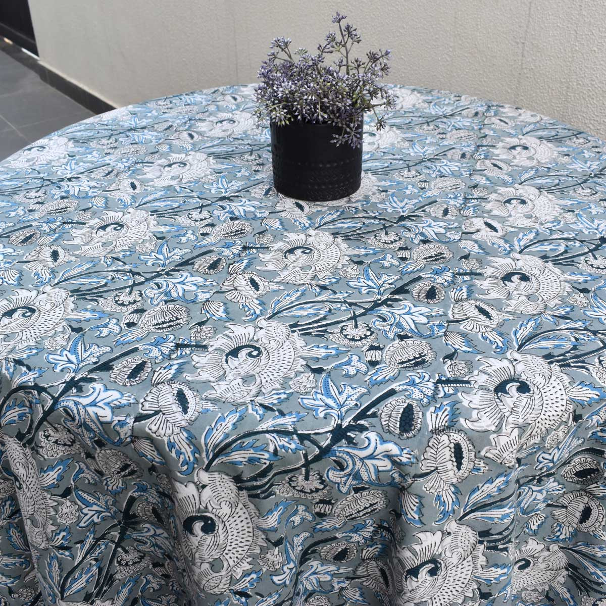 Hand Block Printed Cotton Round Tablecloth 220 cms Amarnath Grey Gud 108994