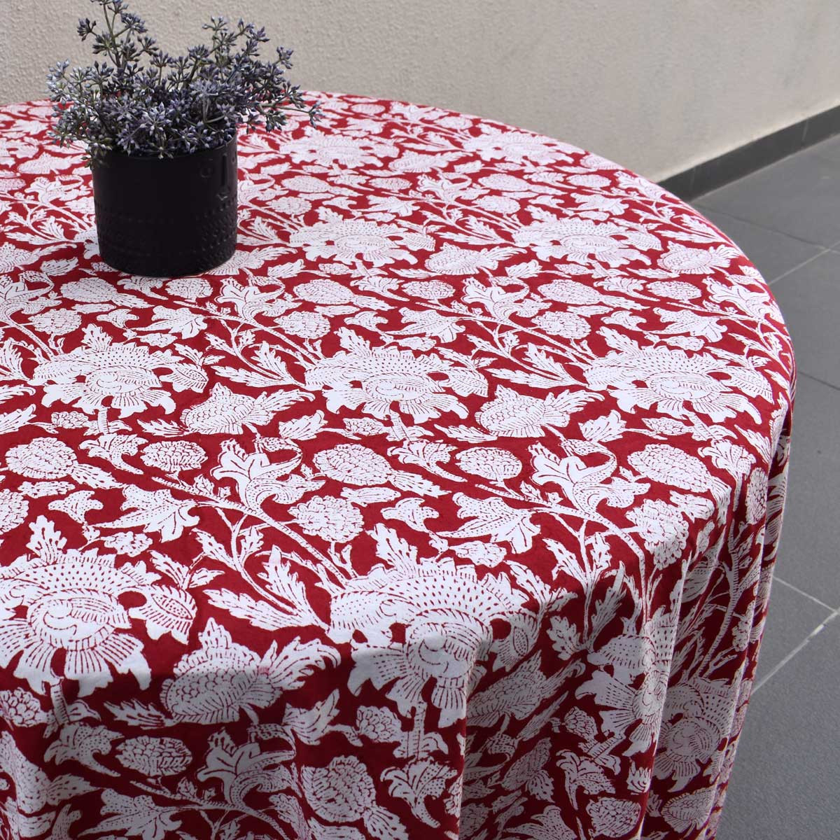 Hand Block Printed Cotton Round Tablecloth 220 cms  Amarnath Rococco Red 200196