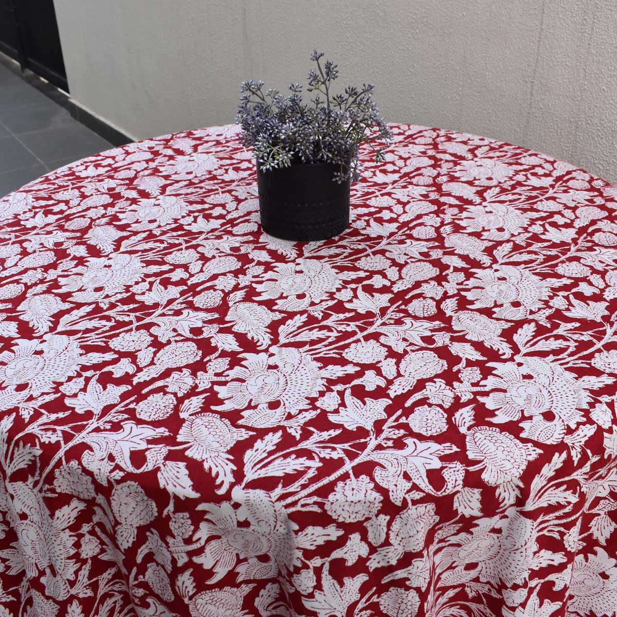 Hand Block Printed Cotton Round Tablecloth 220 cms Amarnath Rococco Red 200196