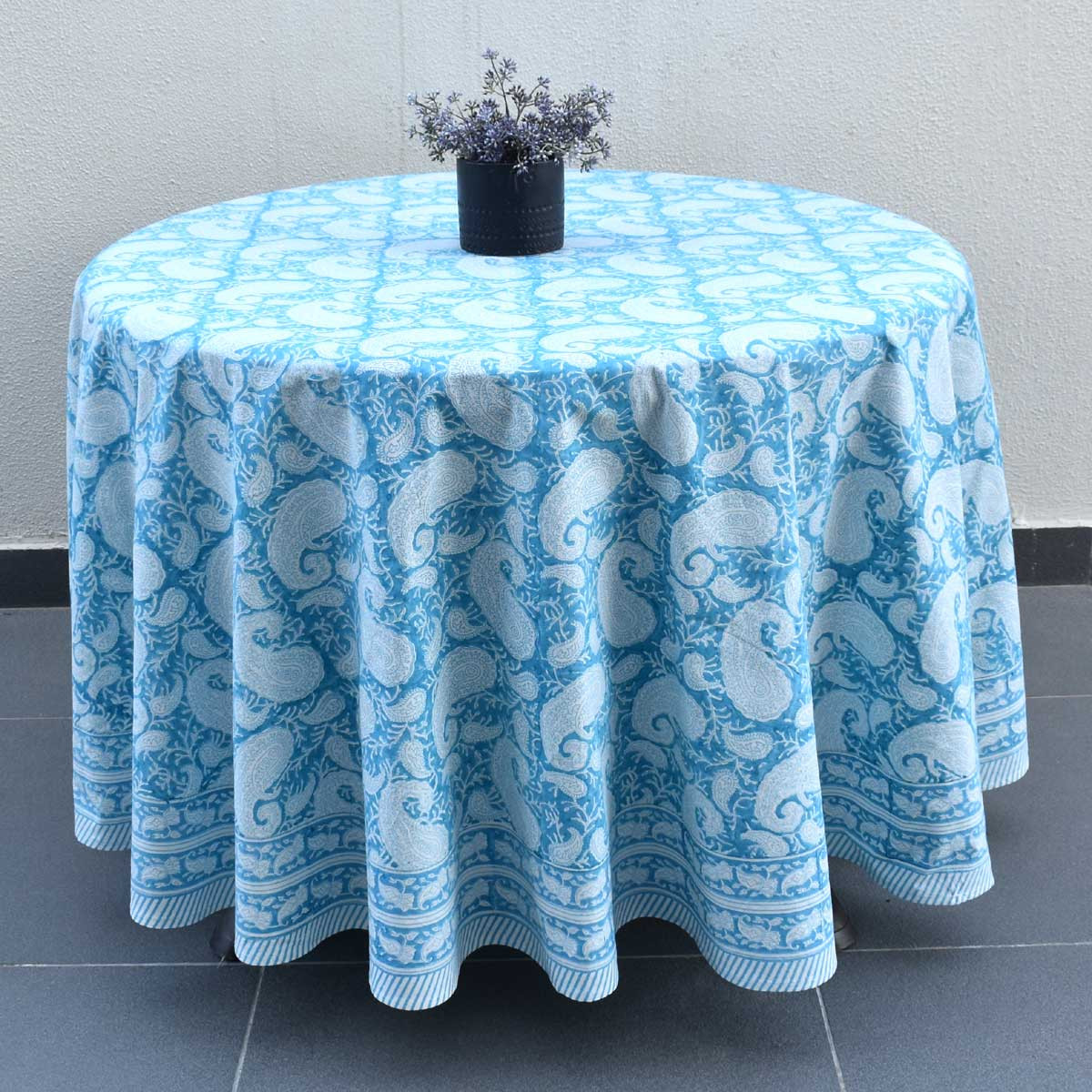 Hand Block Printed Cotton Round Tablecloth 220 cms Ambi Aqua Gud 200868