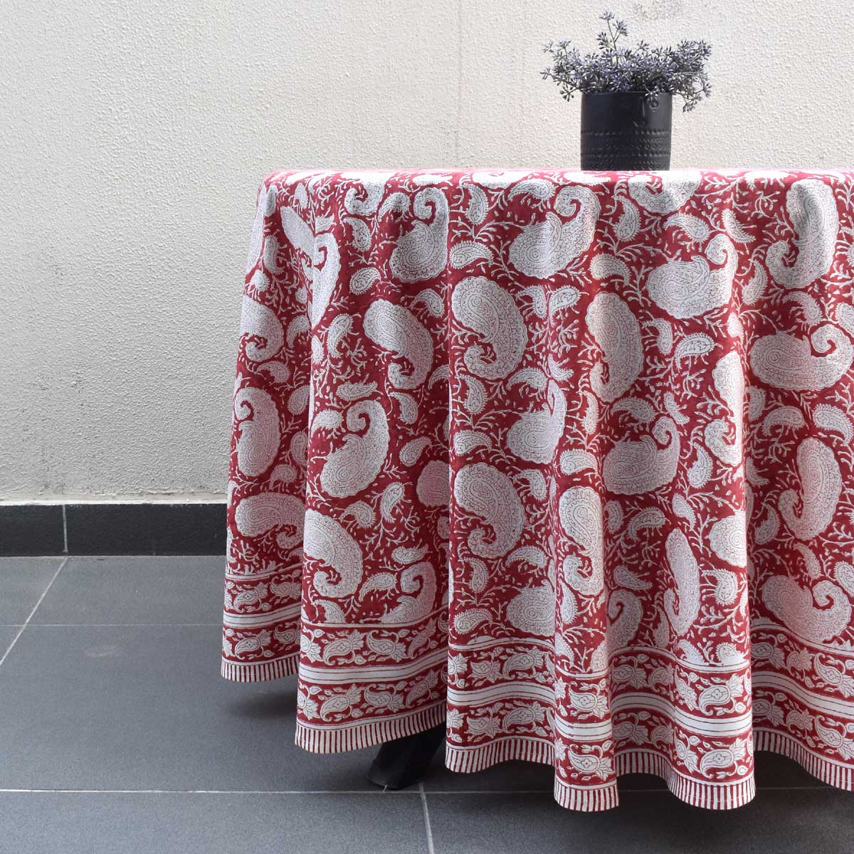 Hand Block Printed Cotton Round Tablecloth 220 cms Ambi Raspberry 620630