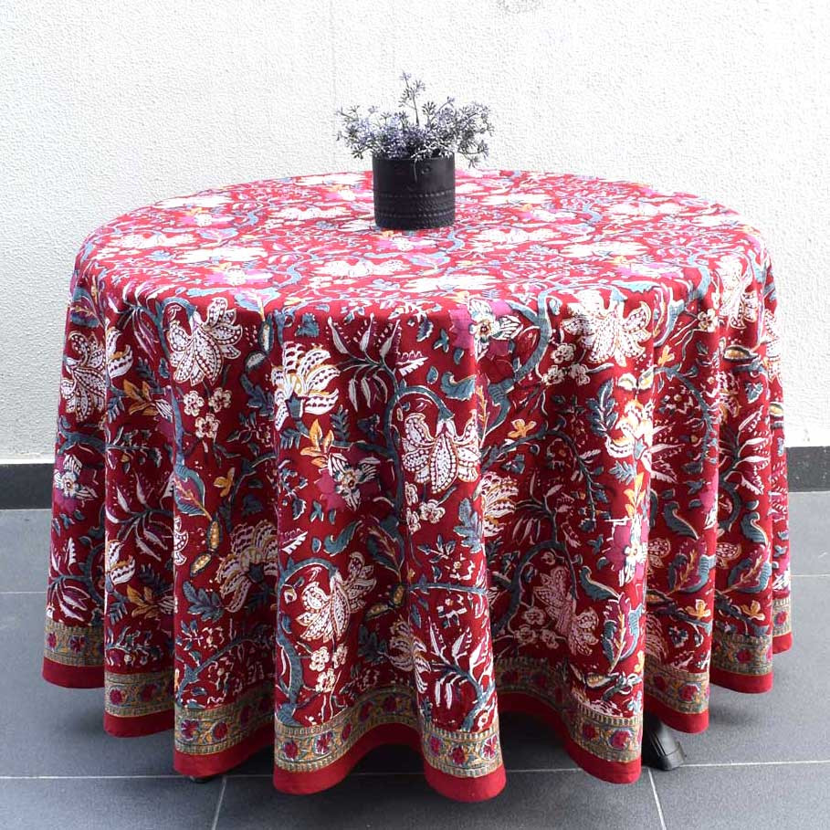 Hand Block Printed Cotton Round Tablecloth 220 cms  Anarkali Red Gud 201397