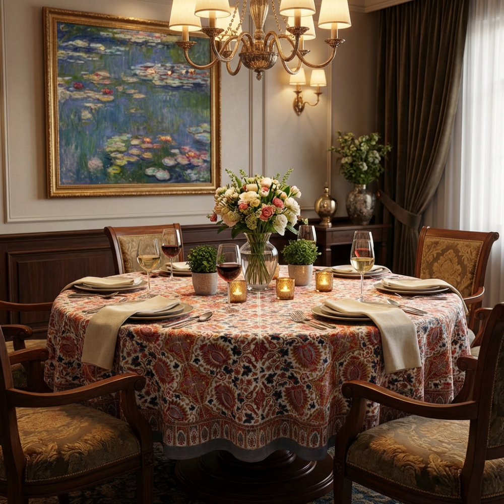 Image of Hand Block Printed Cotton Round Tablecloth 220 cms | Bird Of Paradise Open 204059