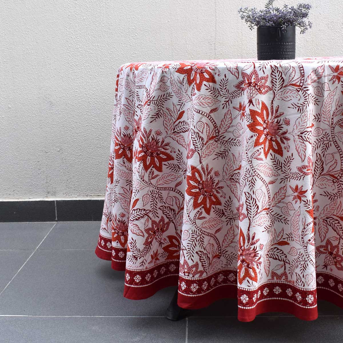 Hand Block Printed Cotton Round Tablecloth 220 cms  Bossanova Red Open 103700