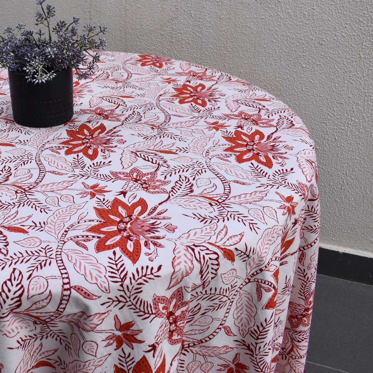 Hand Block Printed Cotton Round Tablecloth 220 cms Bossanova Red Open 103700
