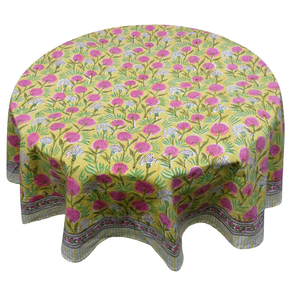 Hand Block Printed Cotton Round Tablecloth 220 cms Desert Blossom Pink Gud 105964