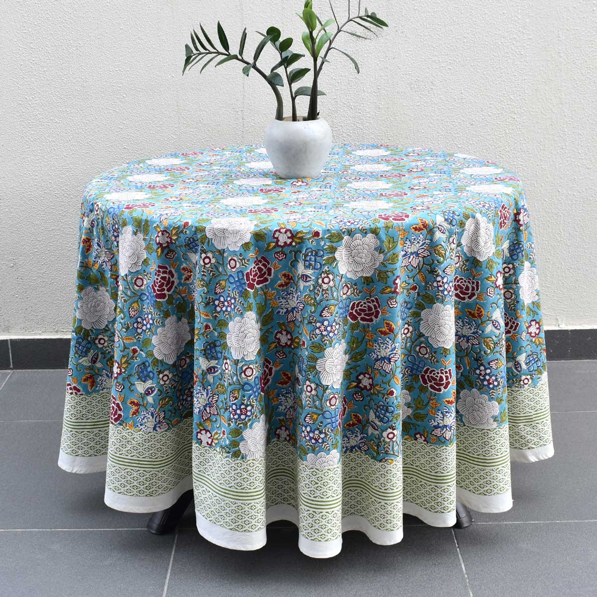 Hand Block Printed Cotton Round Tablecloth 220 cms  Floral Canvas Blue Jade Gud 204988
