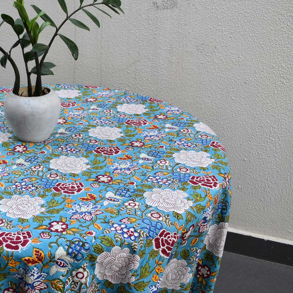 Hand Block Printed Cotton Round Tablecloth 220 cms  Floral Canvas Blue Jade Gud 204988