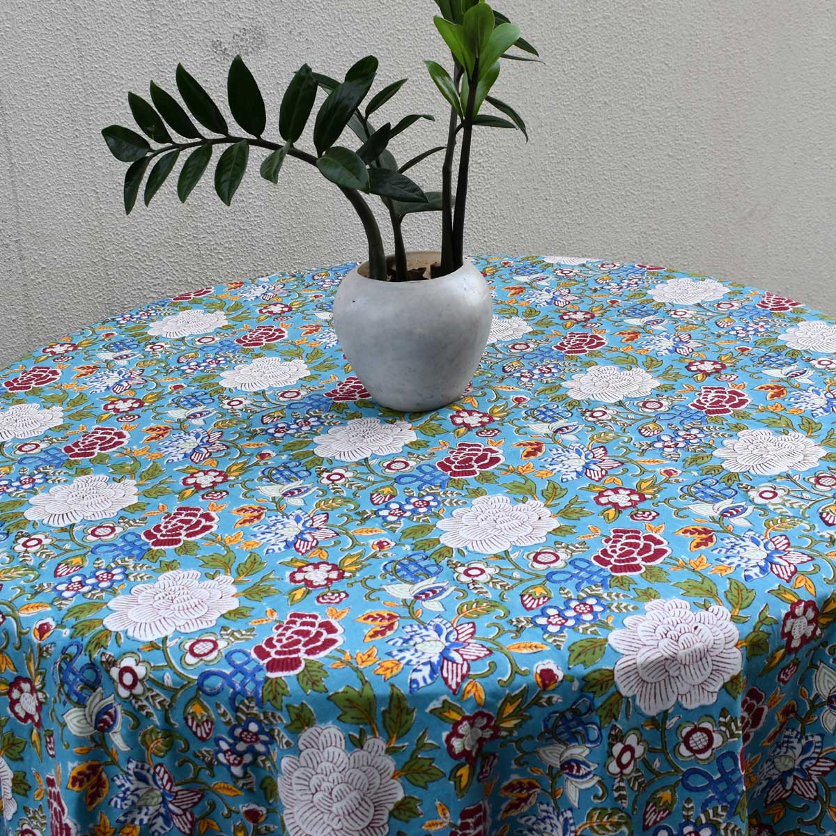 Hand Block Printed Cotton Round Tablecloth 220 cms Floral Canvas Blue Jade Gud 204988