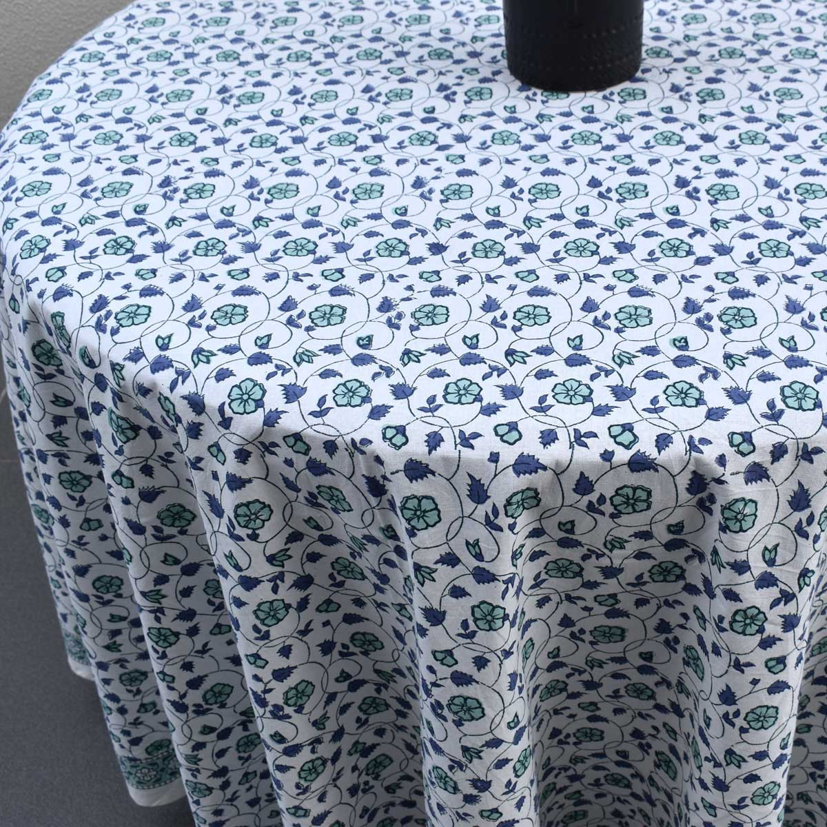Hand Block Printed Cotton Round Tablecloth 220 cms Floral Kali Blue 203903
