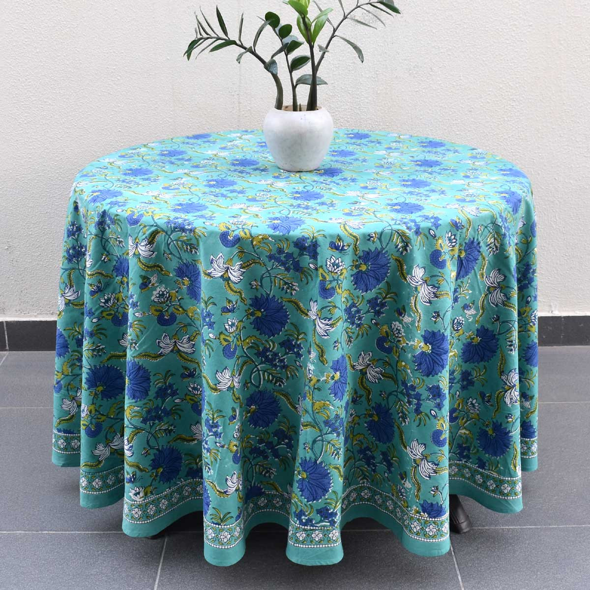 Hand Block Printed Cotton Round Tablecloth 220 cms  Flower Blossom Sea Green Gud 106040