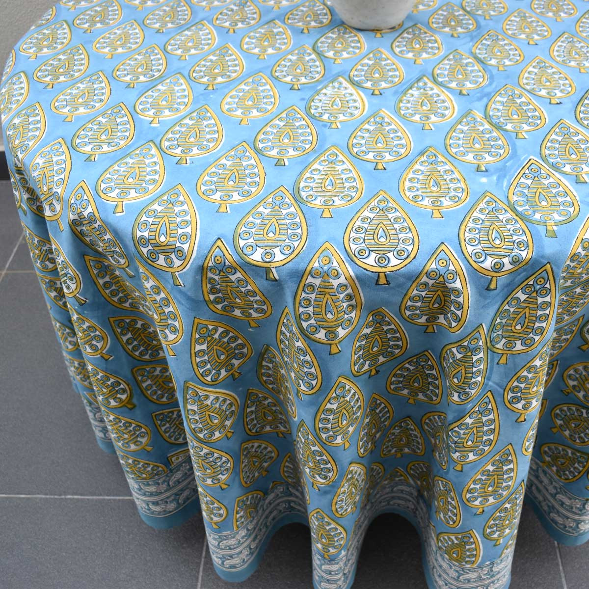 Hand Block Printed Cotton Round Tablecloth 220 cms Gola Patti Aqua 202301