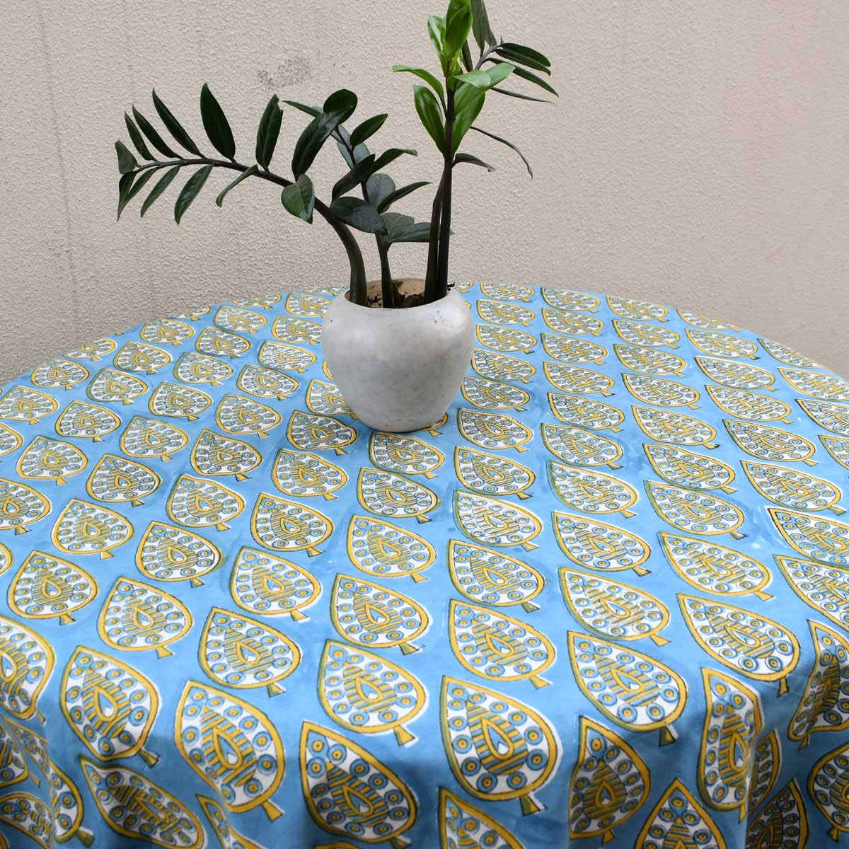 Hand Block Printed Cotton Round Tablecloth 220 cms Gola Patti Aqua 202301