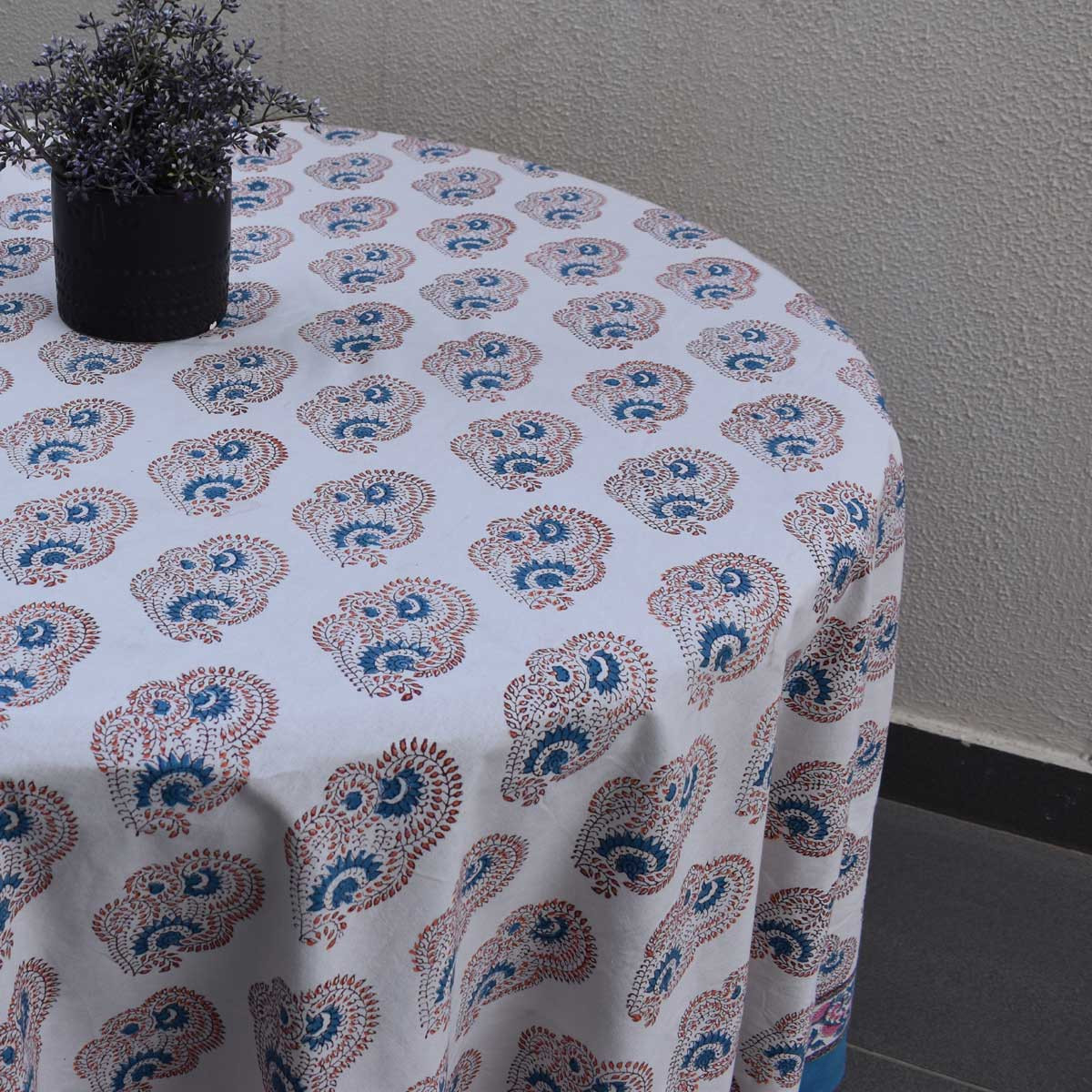 Hand Block Printed Cotton Round Tablecloth 220 cms  Kusum Gulabi Boota 205379