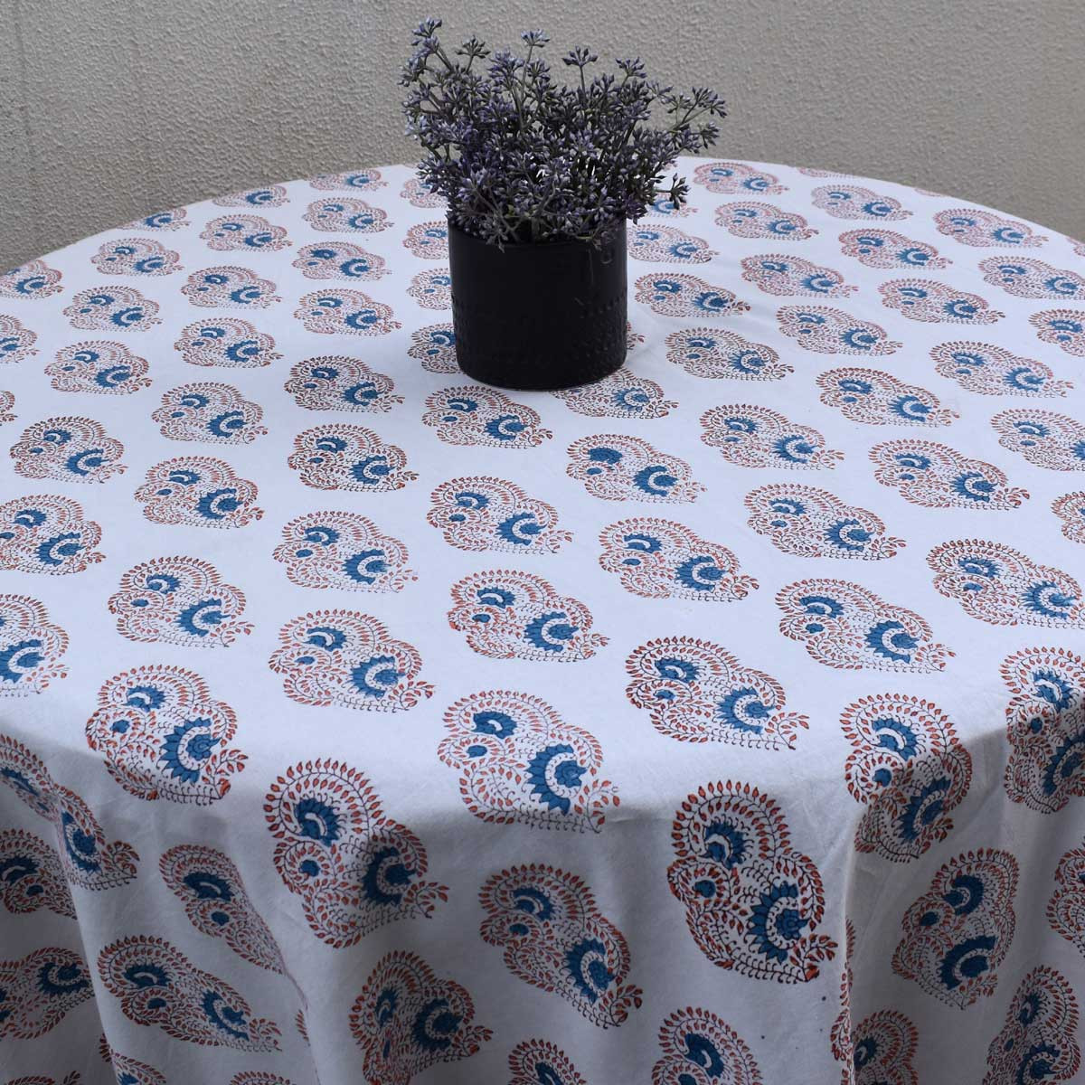 Hand Block Printed Cotton Round Tablecloth 220 cms  Kusum Gulabi Boota 205379