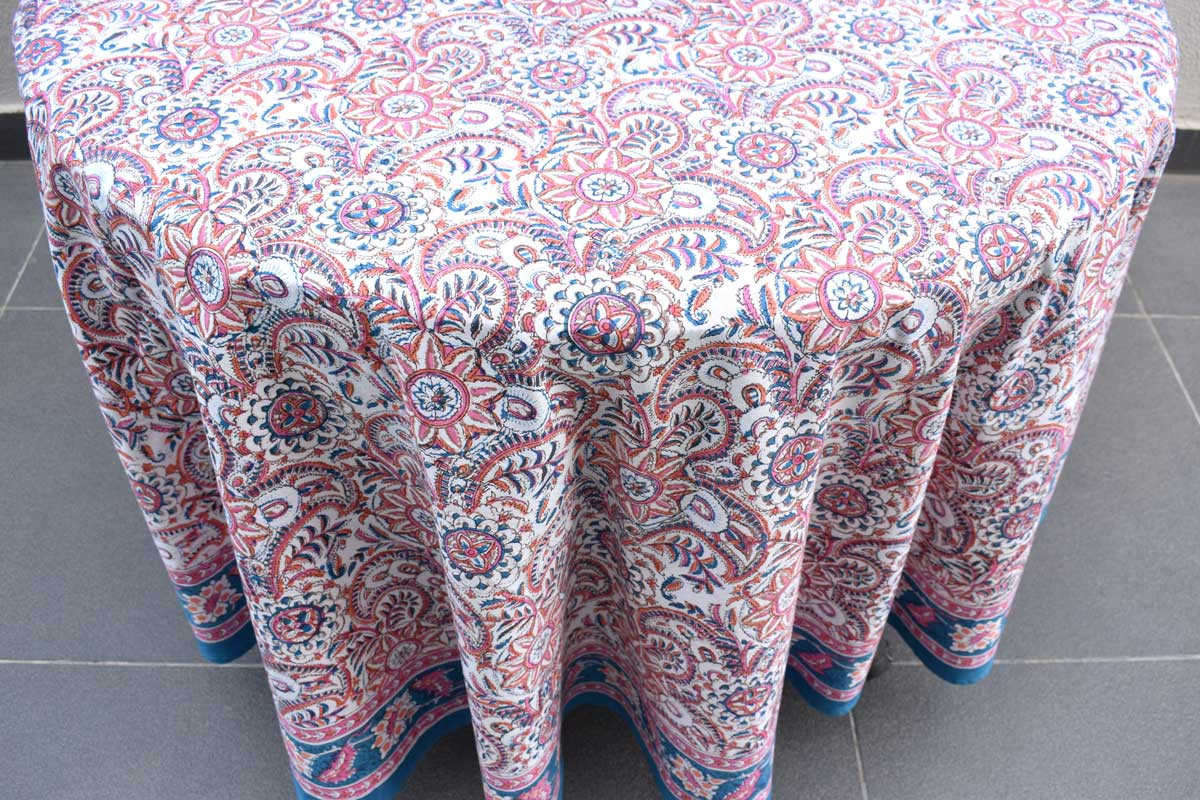 Hand Block Printed Cotton Round Tablecloth 220 cms Kusum Gulabi Jaal 106025