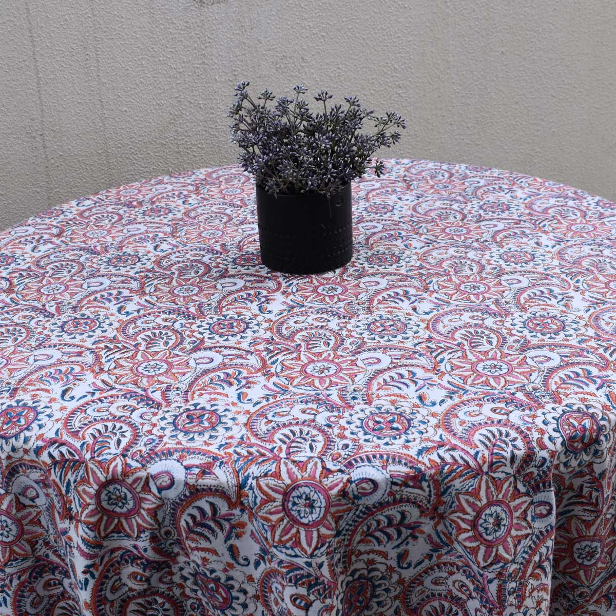 Hand Block Printed Cotton Round Tablecloth 220 cms Kusum Gulabi Jaal 106025