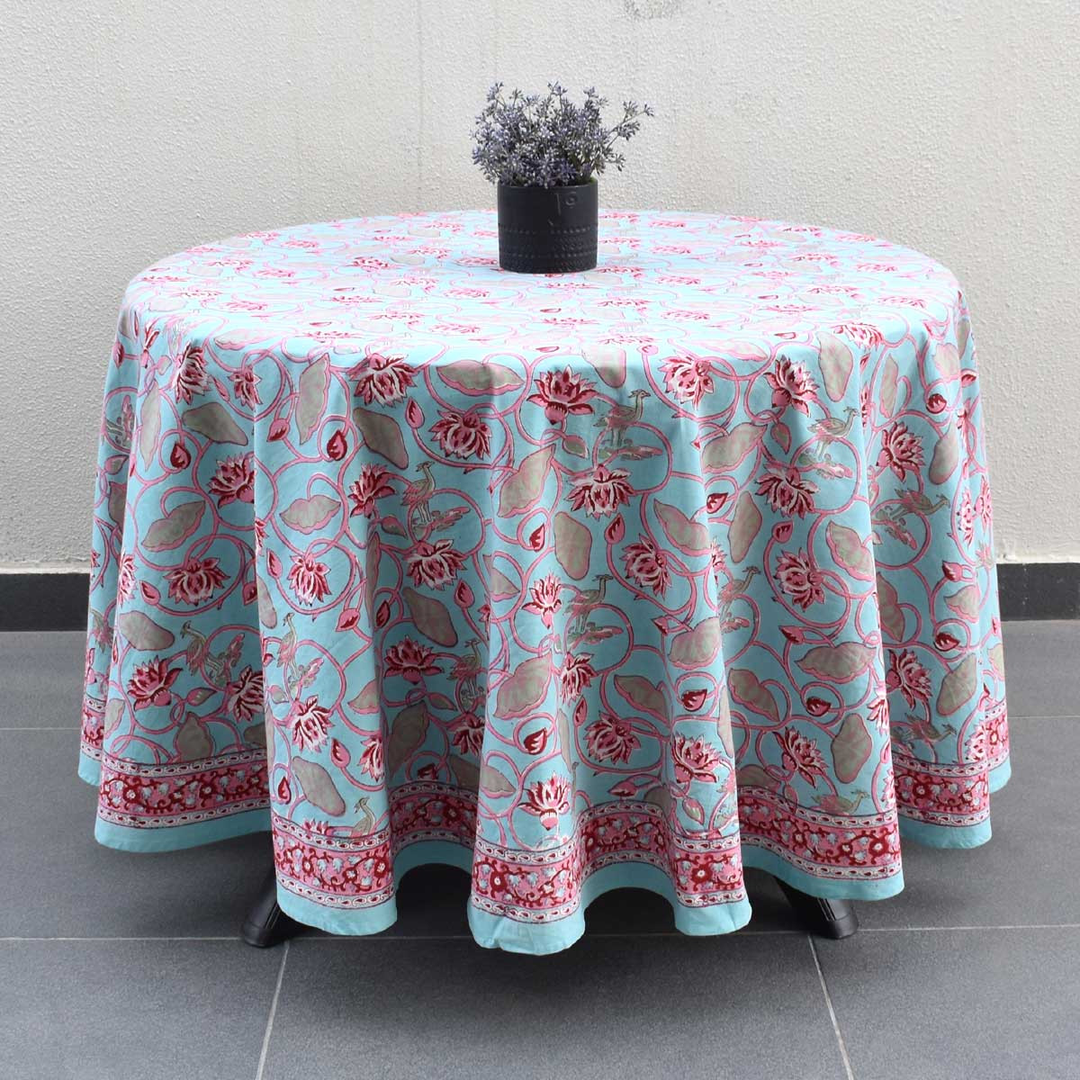 Hand Block Printed Cotton Round Tablecloth 220 cms  Lotus Lake Jade 202202