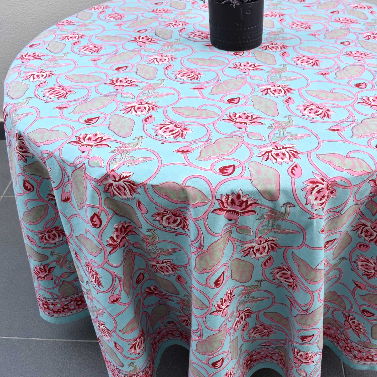 Hand Block Printed Cotton Round Tablecloth 220 cms  Lotus Lake Jade 202202