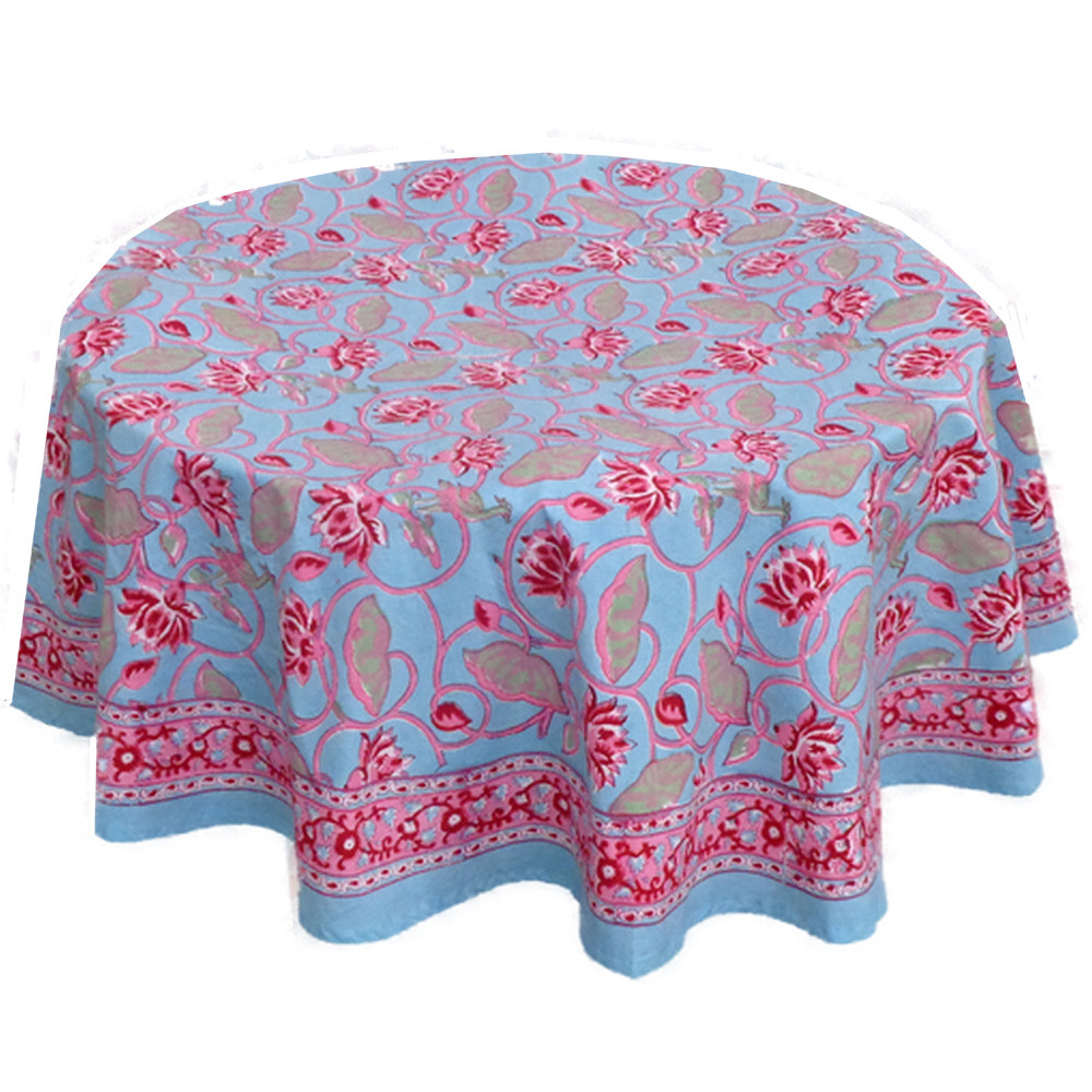 Hand Block Printed Cotton Round Tablecloth 220 cms Lotus Lake Jade 202202