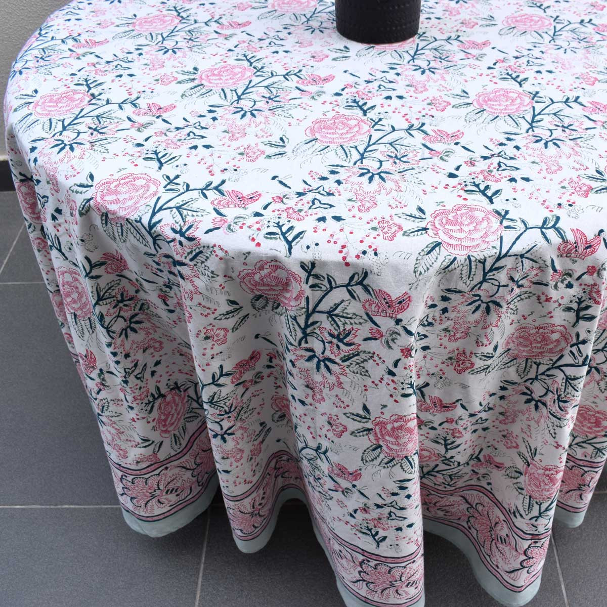Hand Block Printed Cotton Round Tablecloth 220 cms  Naya Gulab Open 107097