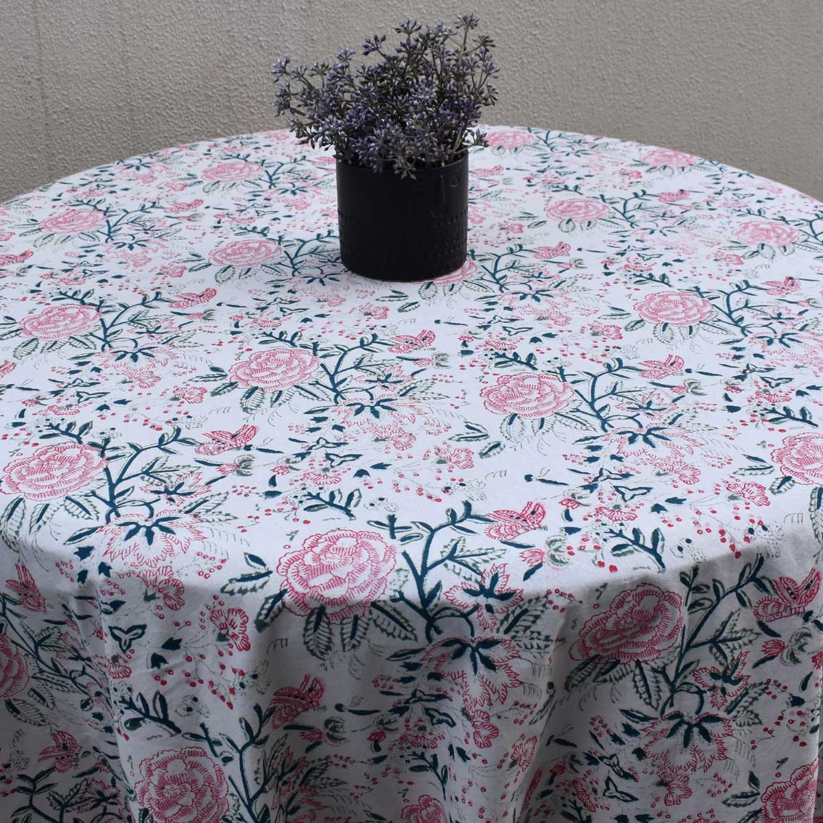 Hand Block Printed Cotton Round Tablecloth 220 cms Naya Gulab Open 107097