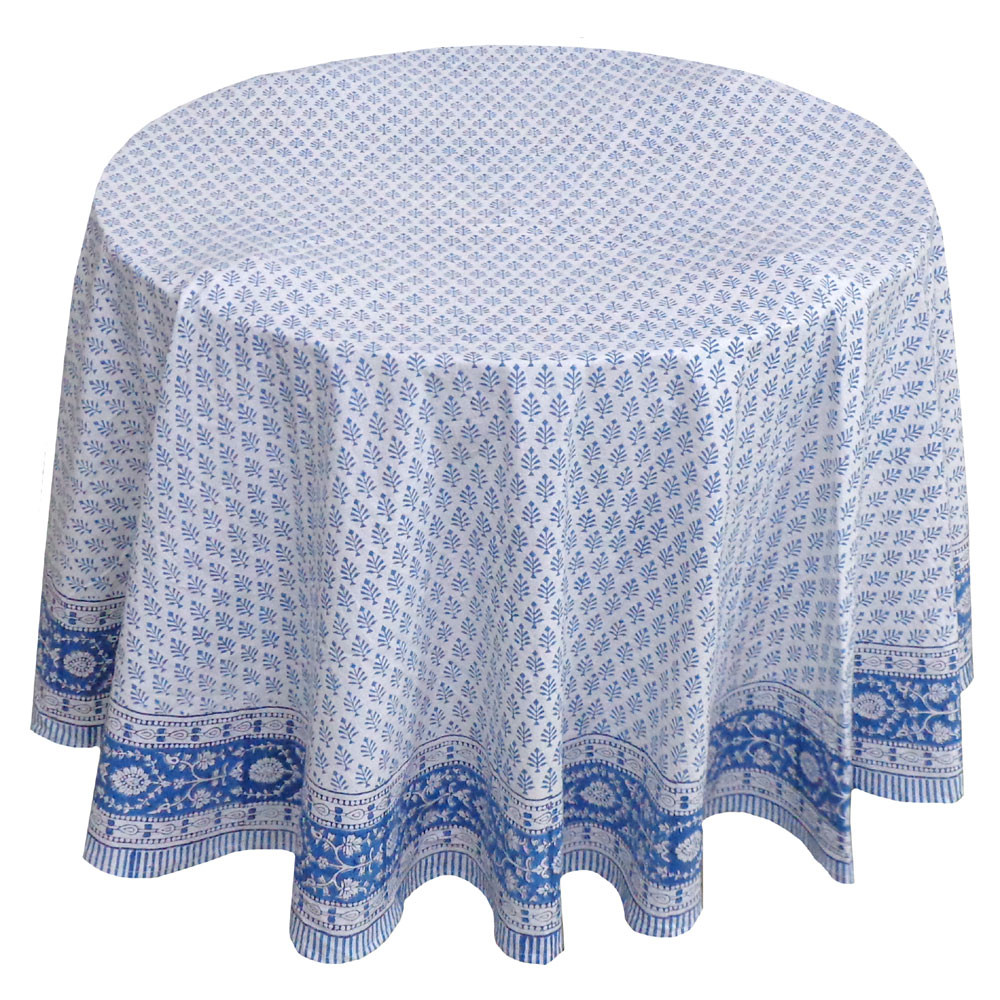 Hand Block Printed Cotton Round Tablecloth 220 cms  Neem Limoges Blue 502138