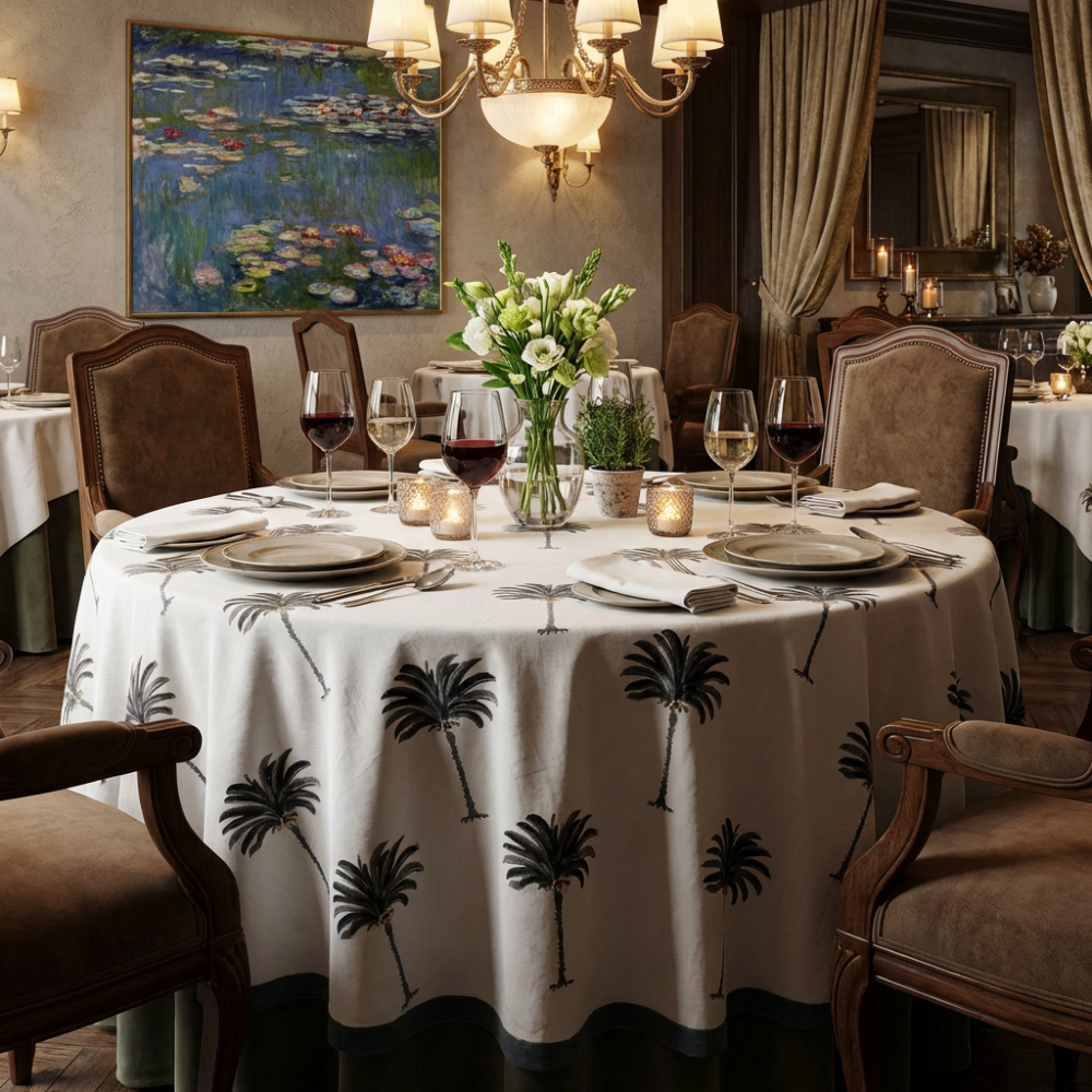 Image of Hand Block Printed Cotton Round Tablecloth 220 cms | Palm Tree Grey 105193