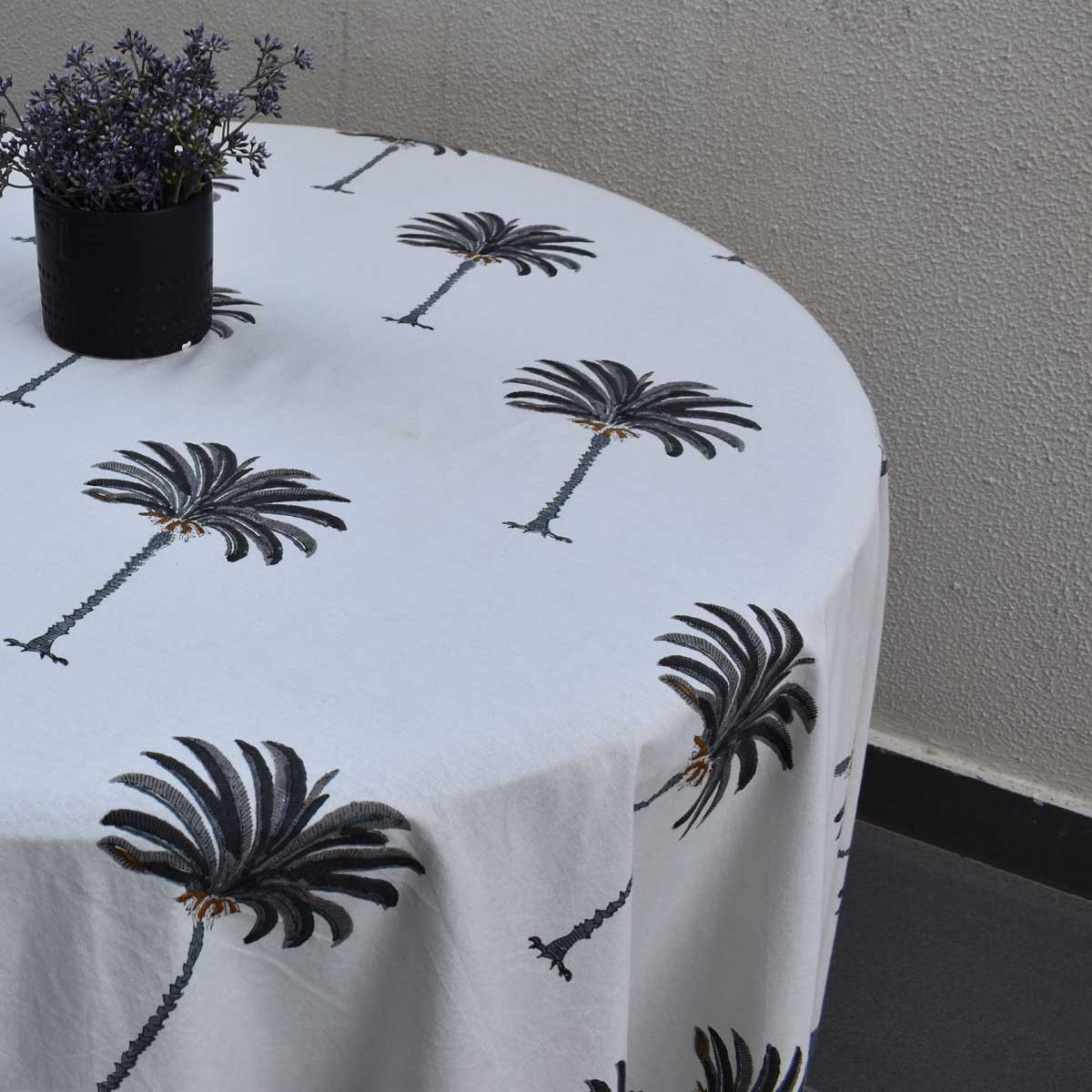 Hand Block Printed Cotton Round Tablecloth 220 cms  Palm Tree Grey 105193