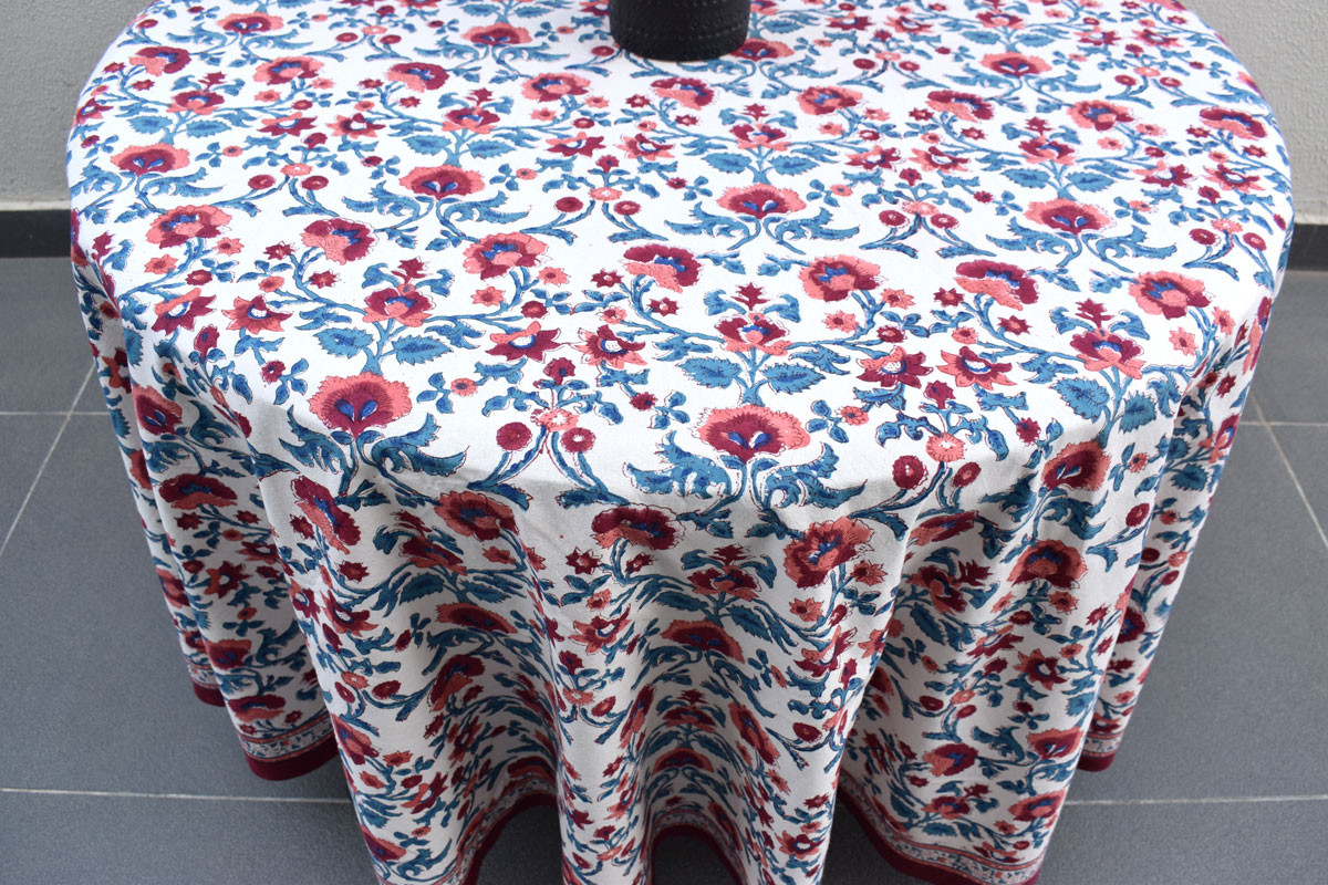 Hand Block Printed Cotton Round Tablecloth 220 cms  Rukhsana Maroon Open 105936