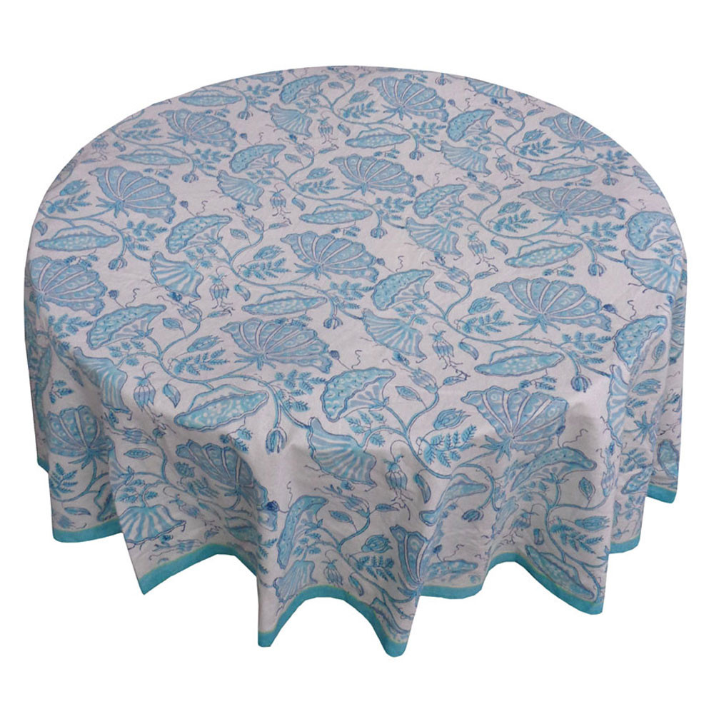 Hand Block Printed Cotton Round Tablecloth 220 cms  Waterlily Aqua 204981