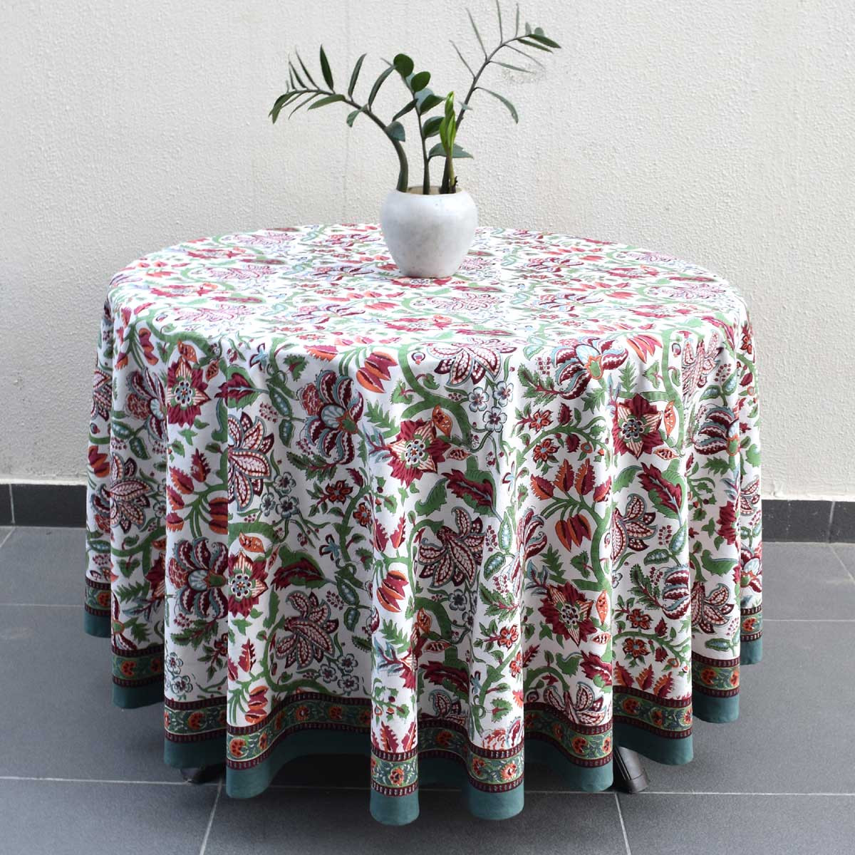 Hand Block Printed Cotton Round Tablecloth 220 cms Anarkali Green Open 106822