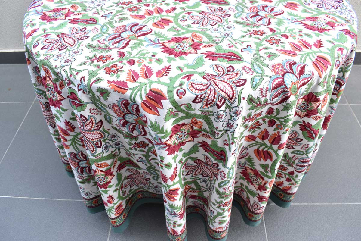 Hand Block Printed Cotton Round Tablecloth 220 cms Anarkali Green Open 106822