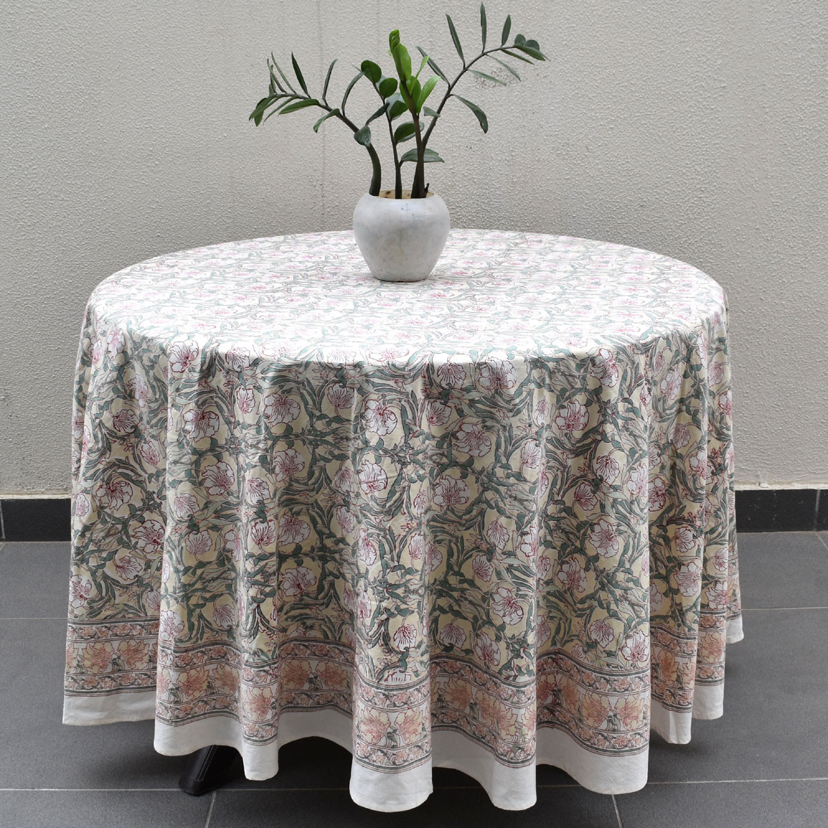 Hand Block Printed Cotton Round Tablecloth 220 cms Bauhaus Beige Gud 505032