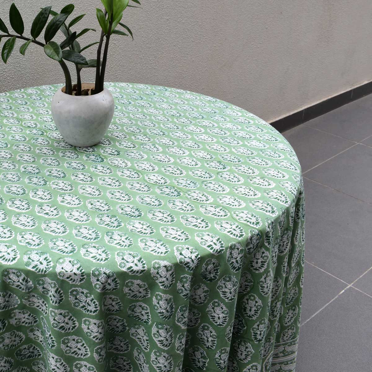 Hand Block Printed Cotton Round Tablecloth 220 cms Boota Celadon Green Gud 100673