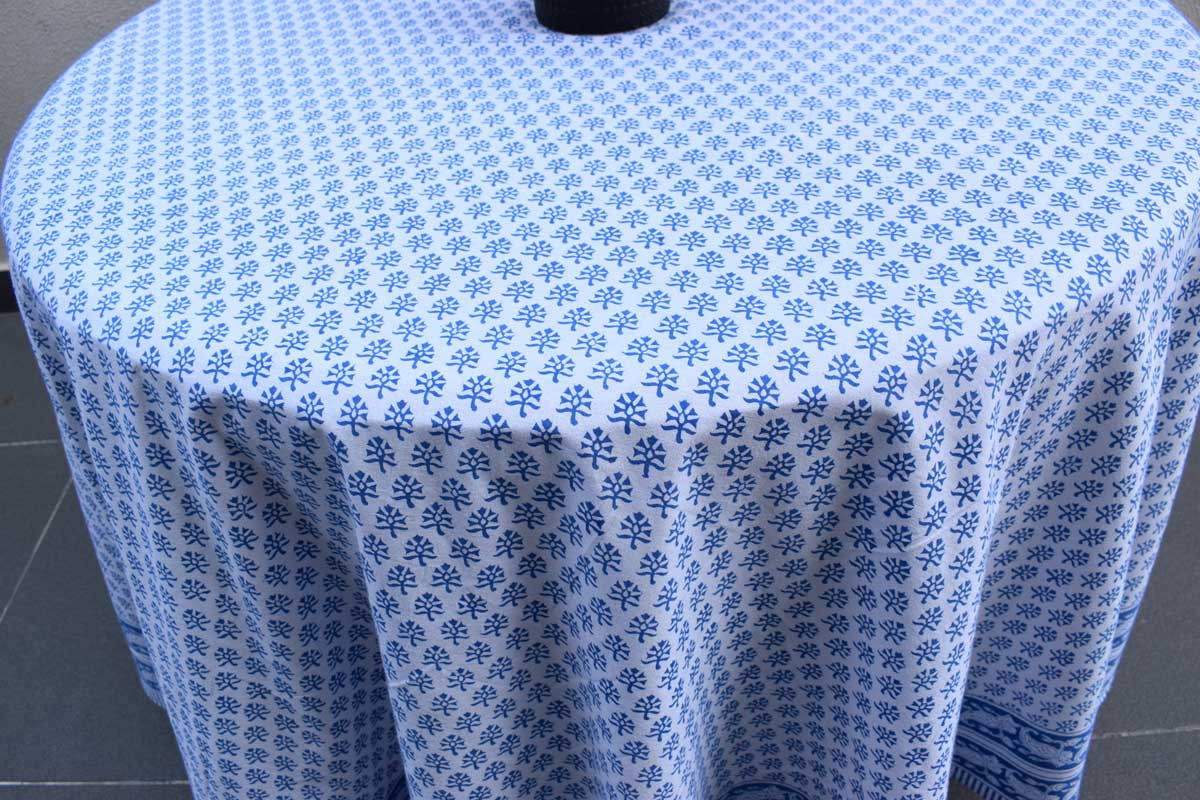 Hand Block Printed Cotton Round Tablecloth 220 cms Booti Blue 400385